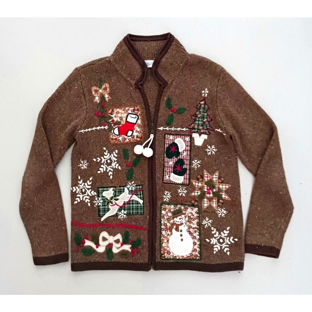 VTG Studio Collection XMAS Zip Cardigan Brown/Red Mittens Snowflakes Plaid Sz S